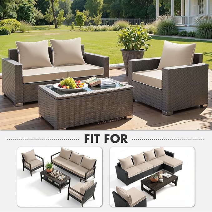 MIULEE Beige Outdoor Seat Cushion 22x22 Inch Waterproof & 3 Year Fade Resistant Deep Seat and Back Cushion for Patio Furniture Chair Sofa Couch with Handle and Adjustable Straps