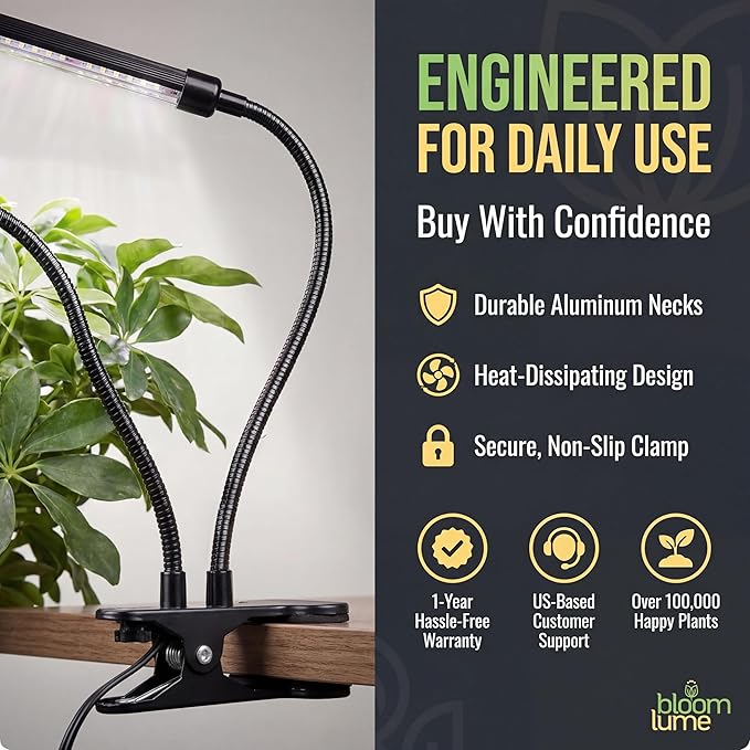 Bloom Lume LED Grow Lights for Indoor Plants Full Spectrum - Features Multi Mode Color Spectrums, Dimmable, Auto Timer, Clip on Goosneck Plant Lamp