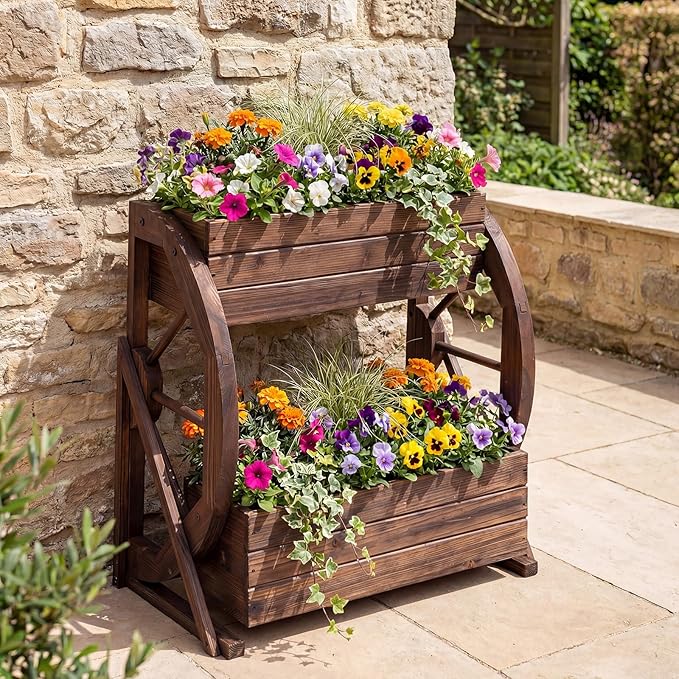 Giantex Wooden Wagon Planter Box, 2-Tier Garden Planter with Drainage Holes for Flowers Herbs Vegetables, Indoor Outdoor Decorative Planter Container for Patio Garden Balcony (2)