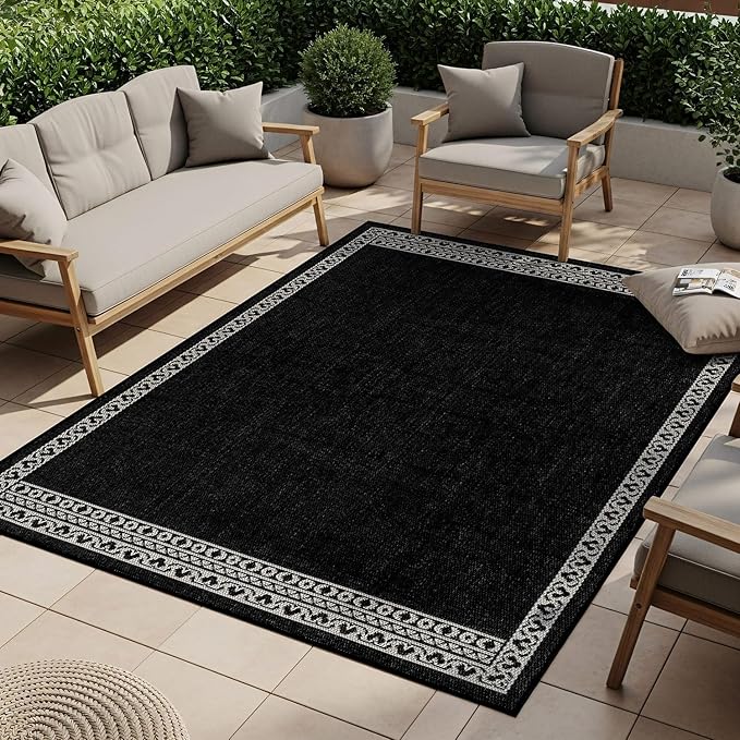 Washable Outdoor Rug 6x9 Modern Area Rugs Outdoor Carpets Bordered Pattern Non Shedding Waterproof Easy Clean Patio Deck Porch Living Room Bedroom Garden RV (6 X 9 Black)