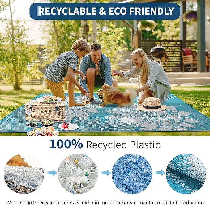 COZYLOOM Outdoor Patio Rug 8x10 Waterproof Plastic Straw Rug Reversible UV Resistant Camping Mat, Foldable Lightweight RV Picnic Mat with Portable Bag, Modern Flower Outdoor Carpet for Yard, Blue