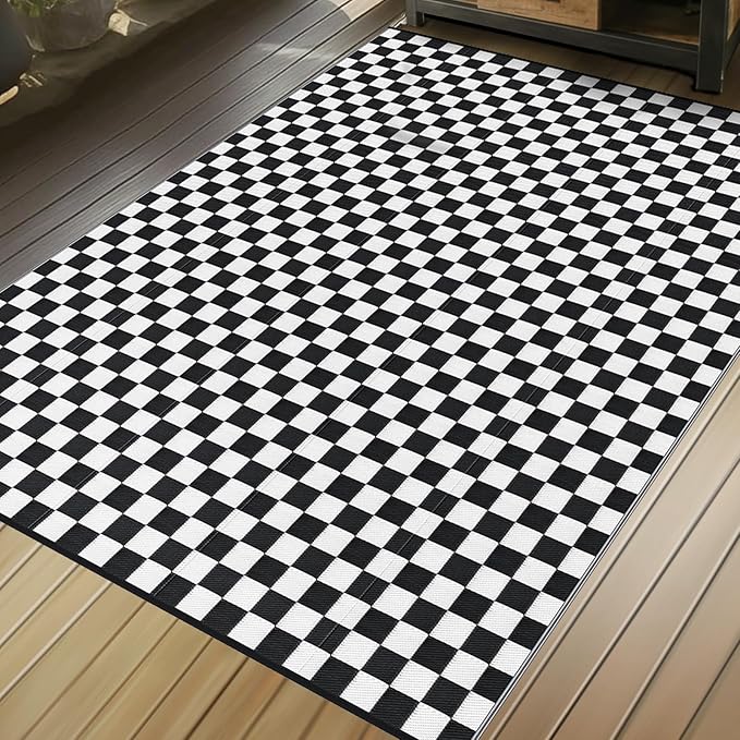 GOTGELIF Black and White Classic Checkerboard Outdoor Area Rug 9x18FT, Reversible & Water-Resistance & Portable Plastic Straw Rug for RV Trips, Picnic, Camping, Outdoor, Garden, Patio
