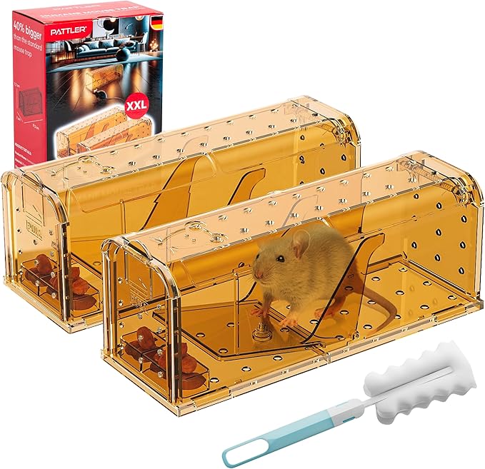 PATTLER® | New Large Humane Mouse Trap for Indoor and Outdoor Home | Mechanical Reusable Live Mouse Traps Catch and Release Mice from Garden, Garage, Attic, Inn, Hotel | Orange | Pack of 2
