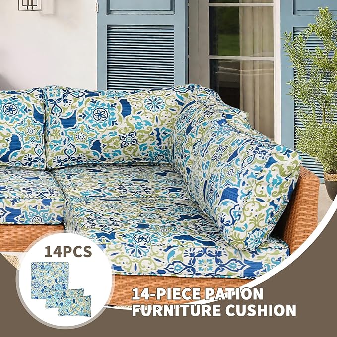 14Piece Outdoor Sofa Cushion Replacement, Patio Furniture Waterproof Cushion with Zippers, fit 6-Seat Outdoor Wicker Rattan Sectional Couch (Moroccan Dream, 24.8"x24.8"x3.15")