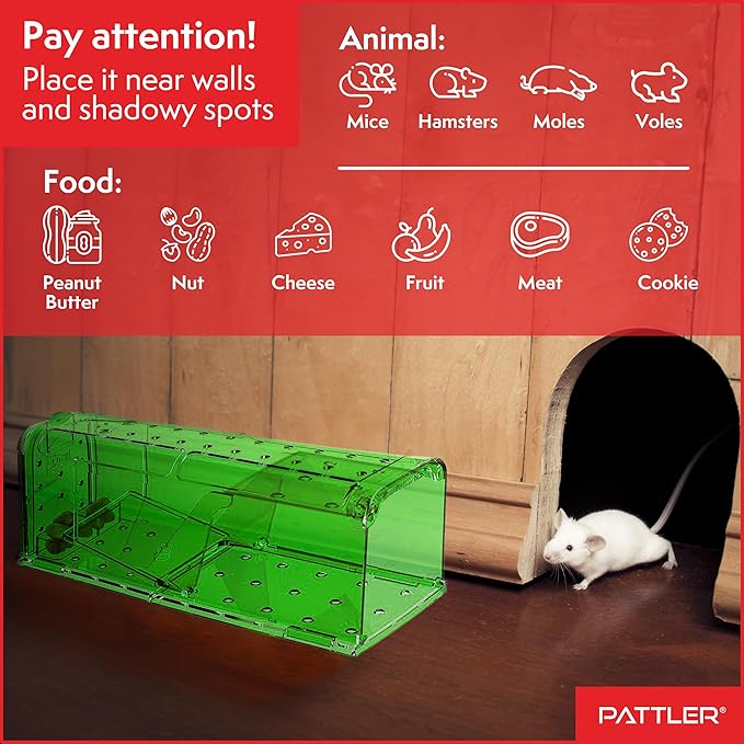 PATTLER® | Large Humane Mouse Trap for Indoor and Outdoor Home | Mechanical Reusable Live Mouse Traps Catch and Release Mice from Garden, Garage, Attic, Inn, Hotel | Green | Pack of 2