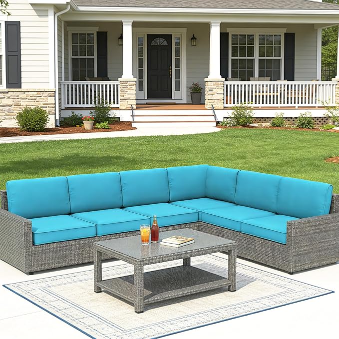 14 Pcs Outdoor Replacement Cushions for Patio Furniture, All Weather Water Resistant Cushion for 6 Seat Rattan Wicker Sectional Patio Conversation Sets and Couch (Lake Blue)