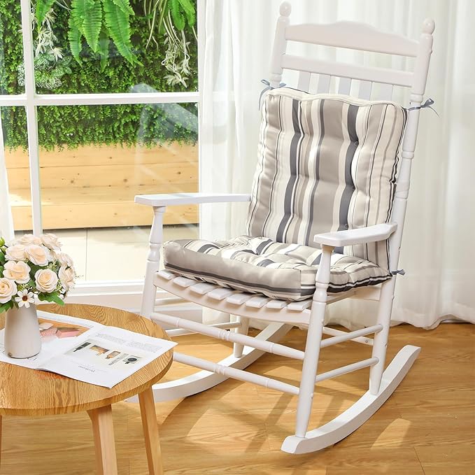 Hoteam 6 Set Patio Chair Cushions Outdoor High Chair Cushion 20 x 40 Inch Waterproof Patio Seat Rocking Indoor Thickened Pad(Striped Style,Beige)
