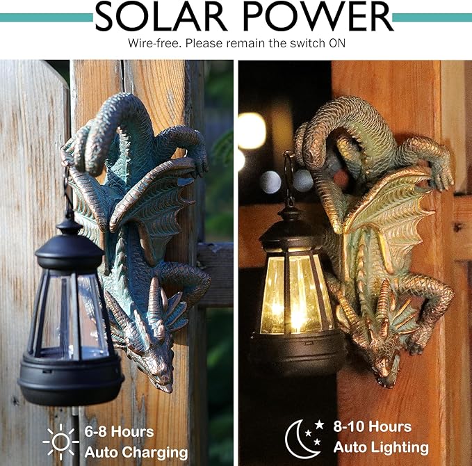 Solar Dragon Tree Hugger Statue Wall Decor - Whimsical Garden Statue with Solar Lantern, Outdoor&Yard Decor, Fantasy Dragon Figurine for Trees, Walls, or Fences - Unique Gifts for Women & Men