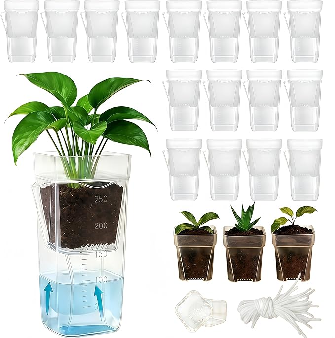 16 Pack 2.5" Medium Self Watering Pots for Indoor Plants, Small Clear Plastic Planters,Self Watering Planters Garden Flower Pots for African Violet, Hoya, Seedlings, Cuttings &Semi-Hydro