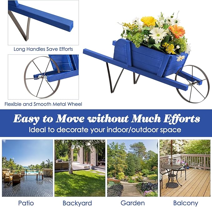 S AFSTAR Wood Wheelbarrow Planter, Small Flower Plant Pot Wheelbarrow Cart with Metal Wheel & 9 Replaceable Magnet Accessories, Wooden Wagon Planter Wheelbarrow for Outdoor Garden Backyard (Blue)