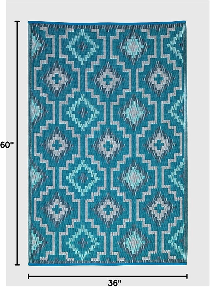 Fab Habitat Outdoor Rug - Waterproof, Fade Resistant, Crease-Free - Premium Recycled Plastic - Vintage Boho Kilim - Porch, Deck, Balcony, Mudroom, Laundry Room, Patio - Lhasa - Teal - 3 x 5 ft