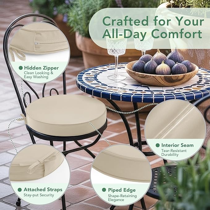 Outdoor Bistro Chair Cushions Set of 2, 15" D x 3" H Round Chair Cushions Waterproof and Fade Resistant Chair Cushion Pads with Non-Slip Ties and Removable Covers for Garden, Cream