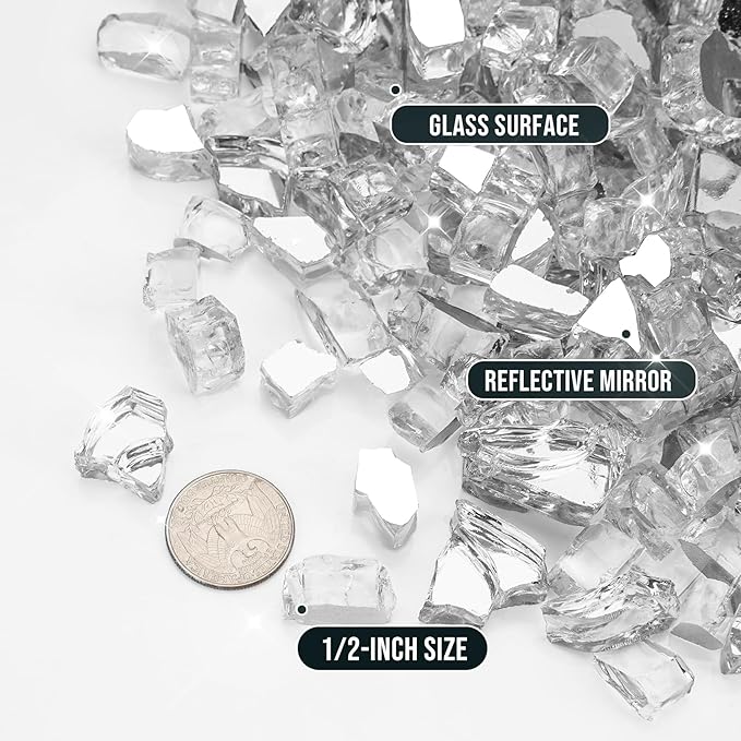 Skyflame 10-Pound Fire Glass for Fireplace Fire Pit and Landscaping, Platinum Reflective, 1/2-Inch