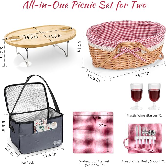 Picnic Basket for 2 with Table and Blanket Collapsible Cooler Bag Insulated Picnic Set for Beach Picnic Hamper Picnic Date Essentials for Outdoor Picnic Accessories Wedding Gift/Bridal Shower Gift
