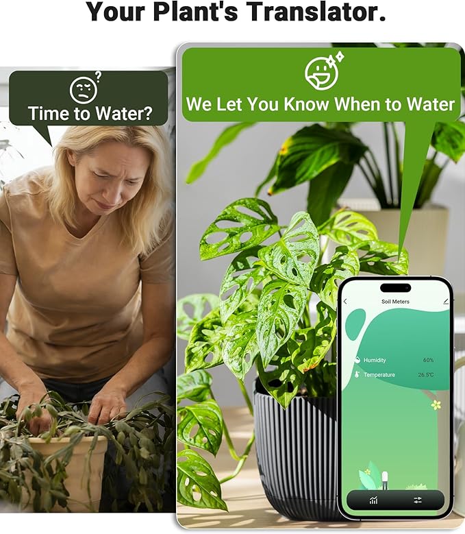 Smart WiFi Soil Moisture Meter for Plants, 2-in-1 Sensor with App Alerts | Monitor Moisture & Temperature Remotely, Real-Time Data for Indoor/Outdoor Gardening, Houseplants Care