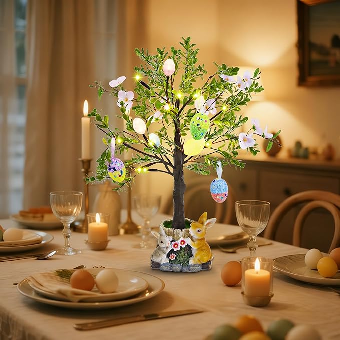 DR.DUDU Lighted Easter Tree 23.5 Inch - Pre-Lit Easter Decorations for Table with Eggs & Bunny Pot, Spring Trees Centerpiece with Lights for Dining Room, Home, Mantel, Office Décor