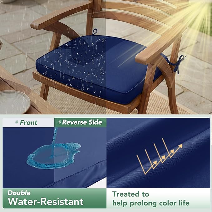 Outdoor Chair Cushions Set of 2: Waterproof & Fade Resistant Patio Furniture Cushions - 18.5 x 16 x 2 Inch Non Slip Round Corner Seat Cushion Pads with Removable Cover for Garden Yard Lawn, Navy Blue