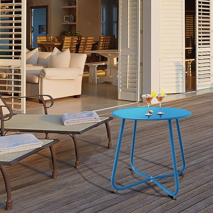 Patio Side Table, Round Metal Steel Weather Resistant Portable Patio Table， Outdoor and Indoor Patio Small Table for Garden Balcony Yard, Peacock Blue