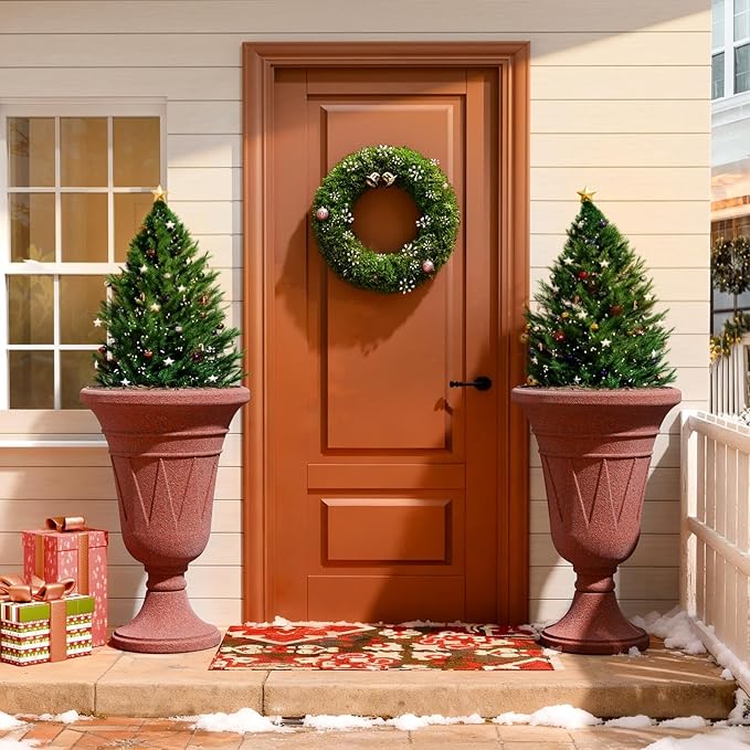23.6" Tall Plastic Urn Planters for Outdoor Plants with Drainage Holes & Trophy Design, Set of 2 Sturdy Base Classic Indoor Large Flower Pots, Outdoor Planters for Porch/Home, Brick Red/Brown