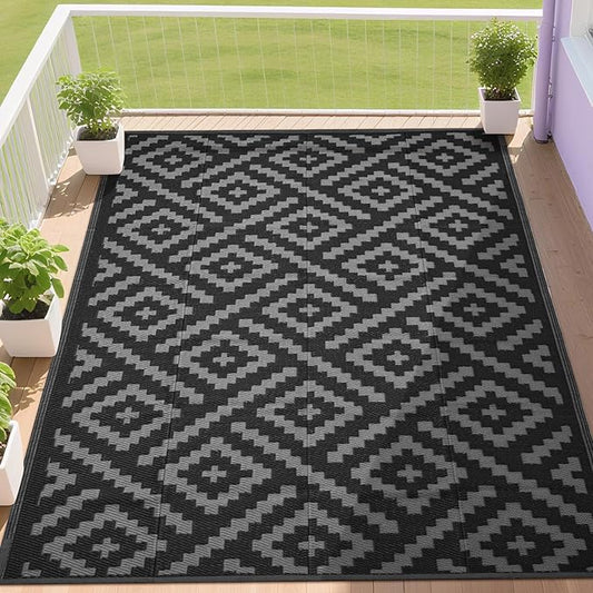 RURALITY Outdoor Rugs 5x8 Feet for Patios Clearance,Plastic Straw Waterproof Mats for Backyard,Porch,Deck,Balcony,Black&Deep Grey