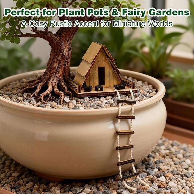 Mini Wooden Treehouse with Ladder - Plant Mini Treehouse, Miniature Flower Pot A-Frame Tree House, Fairy Garden House, Rustic Log Cabin Desktop Ornament