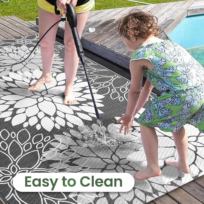 LuxStep Outdoor Rug Waterproof Outdoor Plastic Straw Rug Reversible Patio Rug Mat Outdoor Decor Large Area Mats for RV, Picnic, Backyard, Deck, Balcony, Porch, Beach, 8' x 10' Grey