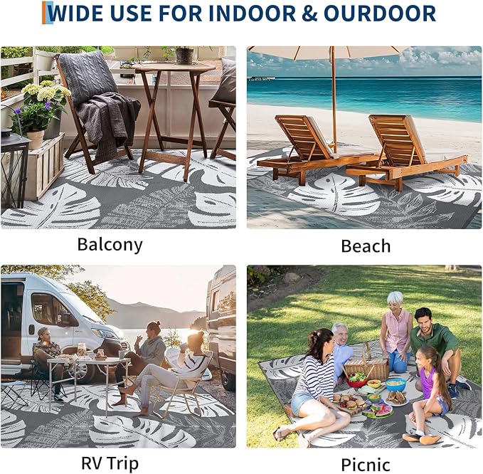 COZYLOOM Outdoor Patio Rug 8x10 Waterproof Plastic Straw Rug Reversible UV Resistant Camping Mat, Foldable Lightweight RV Picnic Mat with Portable Bag, Modern Outdoor Carpet for Yard, Grey
