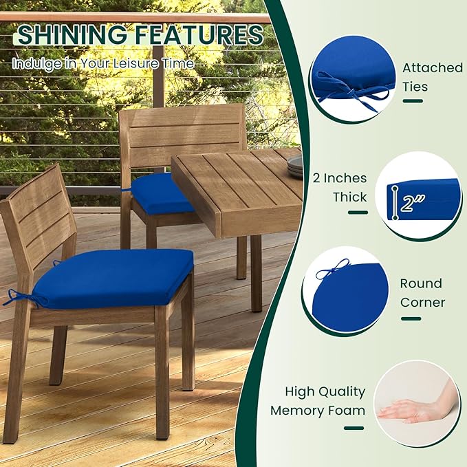 HARBOREST Outdoor Chair Cushions Set of 4, Water Resistant Patio Chair Cushions with Ties, Outdoor Seat Cushions for Patio Furniture, 17"x16"x2", Royal Blue