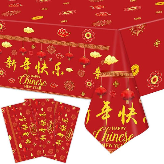 3 Pieces Chinese New Year Tablecloth - 54 x108 Inches Disposable Red Plastic Table Cover with Lanterns and Fireworks for Lunar New Year Party Supplies, Spring Festival Table Cloth Decorations