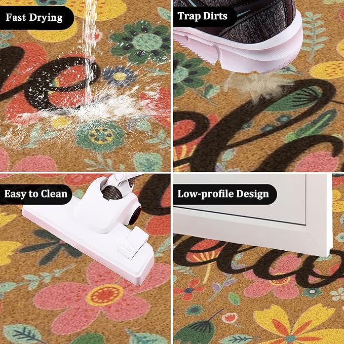 Spring Floral Welcome Mats for Front Door, Indoor, Outdoor, Entryway, Faux-Coir Seasonal Thin Doormat 17"X30", Outdoor-Porch-Rug Non-Slip Dirt-Trapping for Garden, Patio, Backyard