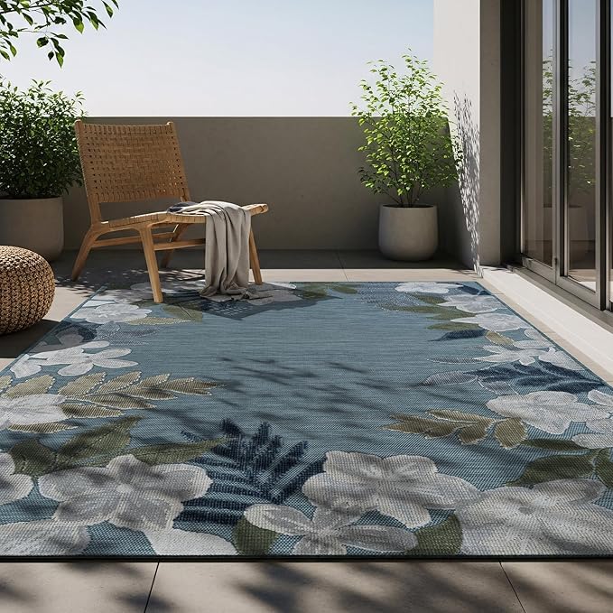 Outdoor Rug 5x7 Washable Area Rugs Indoor Outdoor Carpets Aqua Border Floral Non Shedding Waterproof Easy Clean Patio Deck Porch Living Room Bedroom Garden RV (5 X 7 Aqua)