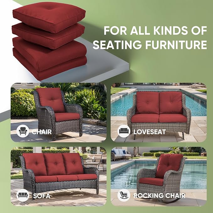 Outdoor Chair Cushion Set, 25 x 22.4 Deep Seat Cushion, Patio Chair Cushions for Outdoor, Include 1 Seat Cushion and 1 Back Cushion, Red