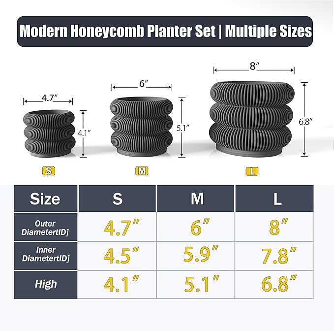 Fabix 4.7/6/8" 3D Printed Plant Pots - Unique Bubble Ring Modern Planters for Indoor Plants, Durableo-Friendly PLA Flower Pots with Drainage for Succulents, Cactus, Home Office Décor. (Black)