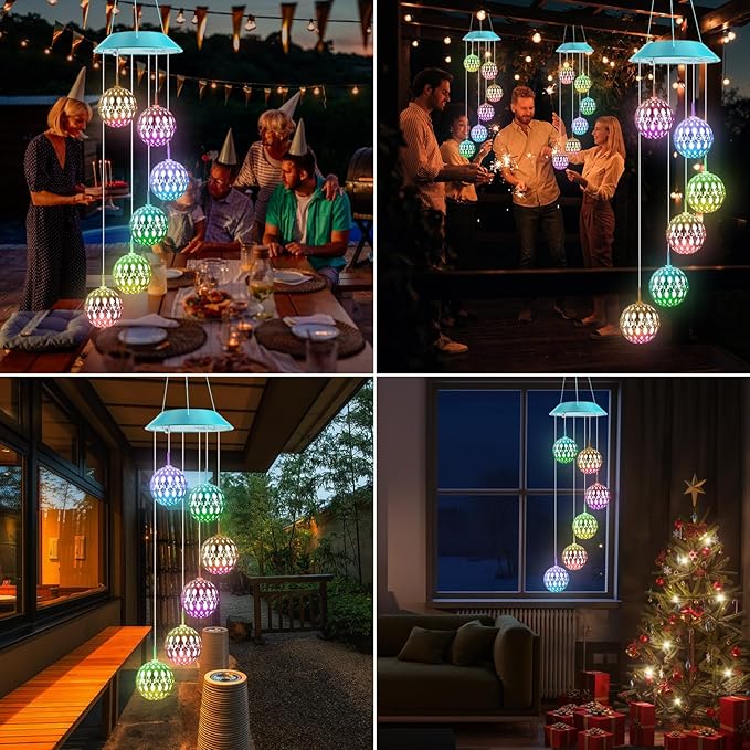 Solar Moroccan Ball Gifts for Mom Grandma Girls, Color Changing Christmas Solar Wind Chimes for Outside, Outdoor Decorative Mobile Lights for Garden, Yard, Patio, Window, Party.