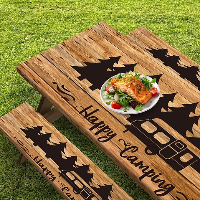 Picnic Table Cover with Bench Covers Elastic Edges, Wood Camper Fitted Table Cover, Outdoor Patio Camping Essentials 72 Inch 3PCS, Waterproof Camping Fitted Tablecloth with Drawstring Bag