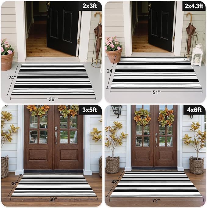 OJIA Black and White Striped Outdoor Rug 24''x51'' Washable Front Door Mat Outdoor Entry Rug Doormat Outside Door Mat Cotton Woven Indoor Area Rugs for Porch/Entryway/Entrance Decor