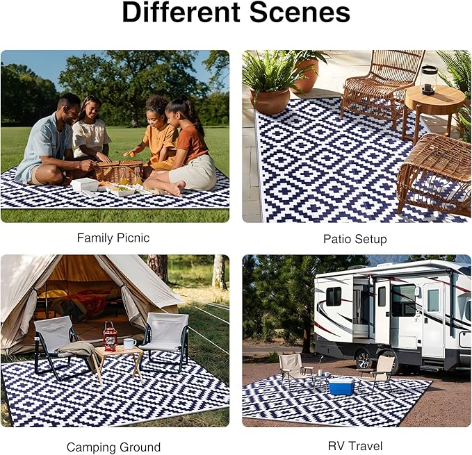 OLANLY Waterproof Outdoor Rug 6x9 ft, Outdoor Plastic Straw Rug for Camping, RV Mat Outside, Indoor Outdoor Carpet for Porch, Deck, Backyard, Balcony, Picnic, Navy & White