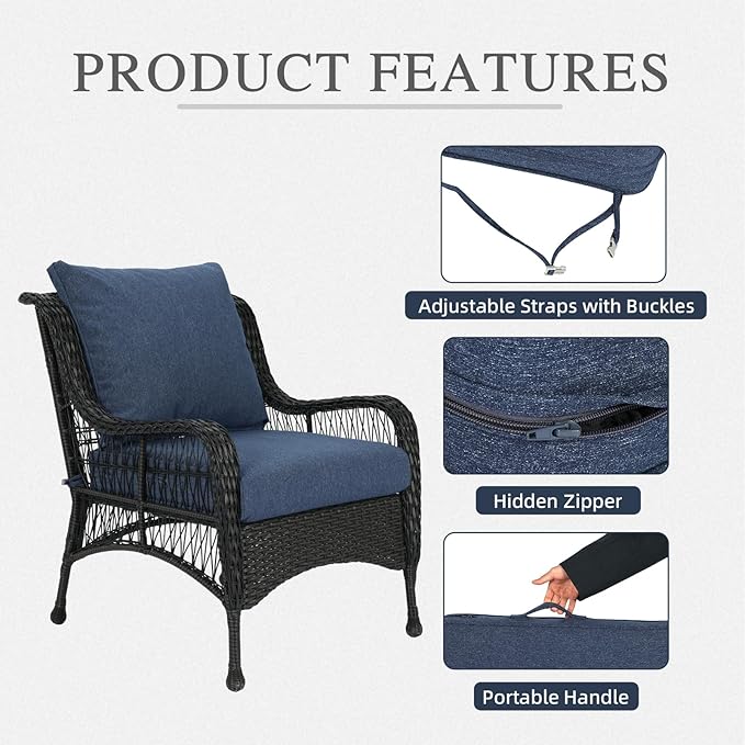 Aoodor 23" x 26" Patio Deep Seat Cushion Set, Water Resistant & Fade Resistant Outdoor Furniture Cushions with Adjustable Straps for Patio, Deck, Garden, Navy Blue