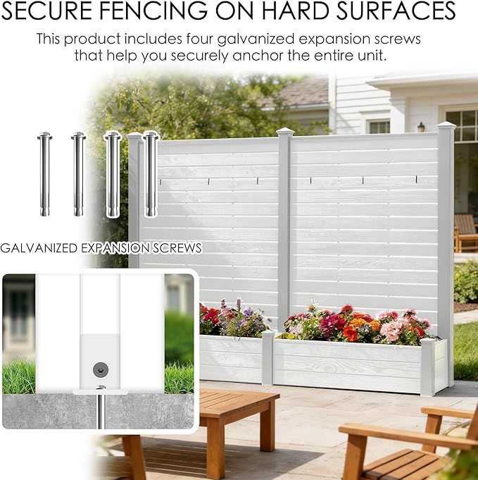 Kozyard 2Pack Privacy Screen with Planter, 70" H x 51" W Outdoor Garden Screen, Waterproof Aluminum Frame with Thick Wood-Plastic Boards, Decorative Privacy Screen for Patio, Balcony & Backyard White