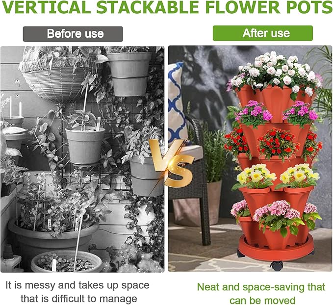 Vertical Strawberry Planter 7 Tier Stackable Tower Herb Planters Stacking Outdoor Garden Red Planters Pot with Tools Mover for Growing Flowers, Vegetables and Succulents