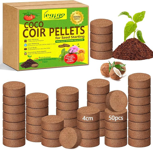 Legigo 50 Pcs 40mm Coco Coir Pellets Seed Starter Soil Mix- Organic Coconut Coir Potting Soil Pods for Seedling, Coco Peat Soil Discs for Indoor & Outdoor Plants Bonsai Herbs Vegetables and Flowers