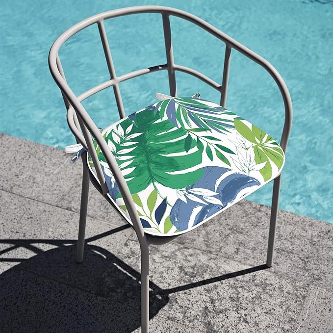 Outdoor Chair Cushions Set of 2, Water Resistant Patio Chair Pads with Ties, Seat Cushions for Home Garden Furniture Decoration, 16"x17", Islamorada Blue Green