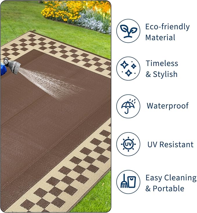Garvee Outdoor Rug 9x12 Waterproof Reversible Patio Rug Modern Geometric Outdoor Carpet, Fade-Proof & Weather Resistant Minimalist RV Picnic Camping Mat for Garden Backyard Balcony,Brown & Beige