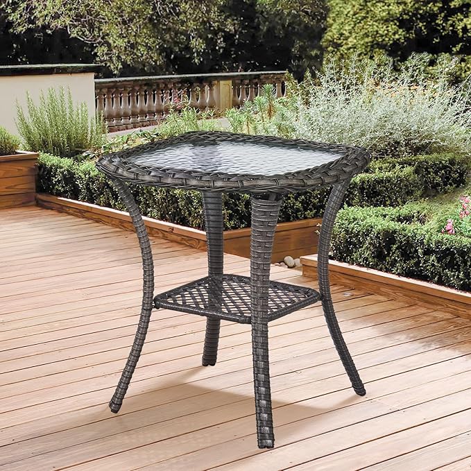 Patio Side Table Glass Wicker Table Outdoor PE Rattan Side Table with Storage Shelf Weather Resistant Square Sidetable for Patio Garden Poolside Deck Balcony Porch Yard, Brown