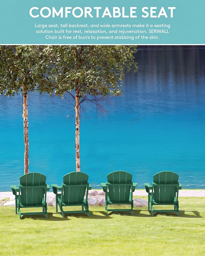 SERWALL Foldable Adirondack Chair Set of 2 for Patio Garden All Weather Adirondack Chairs with Cup Holder Outdoors Fire Pit Chairs-Green