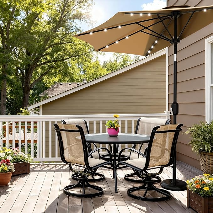 Garvee Patio Umbrella 9FT - Half Umbrella Outdoor with Solar LED Lights and Smooth Crank Lift, Outdoor Shade Canopy for Patio, Backyard, Garden, Deck, Balcony -Tan
