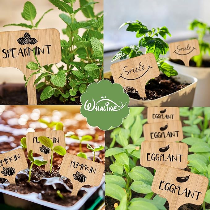 Whaline 30Pcs Bamboo Plant Labels with A Marker Pen, T-Type Wooden Plant Marker Garden Sign Tags Garden Markers for Seed Potted Herbs Flowers Vegetables (6 x 10 cm)