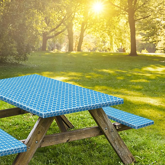 KENOBEE 6ft Picnic Table and Bench Cover, Camping Essentials RV Gear, 72 in Waterproof Windproof Outdoor Elastic All Around Tablecloth, Fitted Rectangle Tables and Seats, Blue-White Moroccan