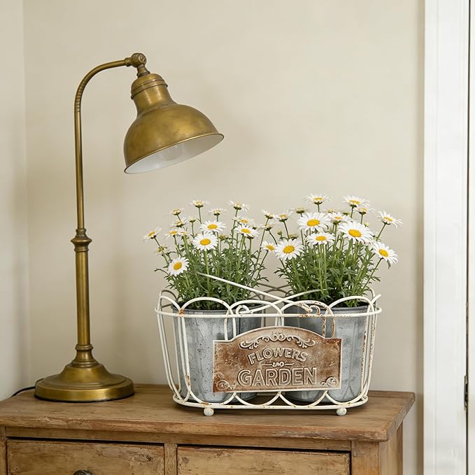 Vintage 2-Piece Metal Planter Set, Distressed White Iron Wire Basket with Flowers Garden Sign, Rustic Farmhouse Plant Pots for Tabletop, Window Sill & Balcony Decor