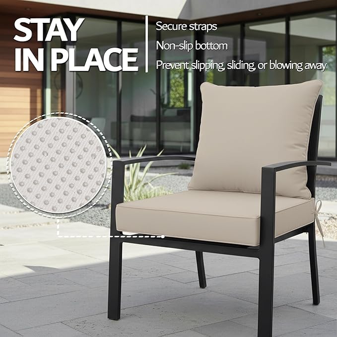 24x24 Inch Outdoor Chair Cushion with Removable Cover, Patio Furniture Cushion - Water-Repellent, Fade-Resistant, Non-Slip Bottom & Straps, Replacement for Deep Seat Sofa & Couch - Cream